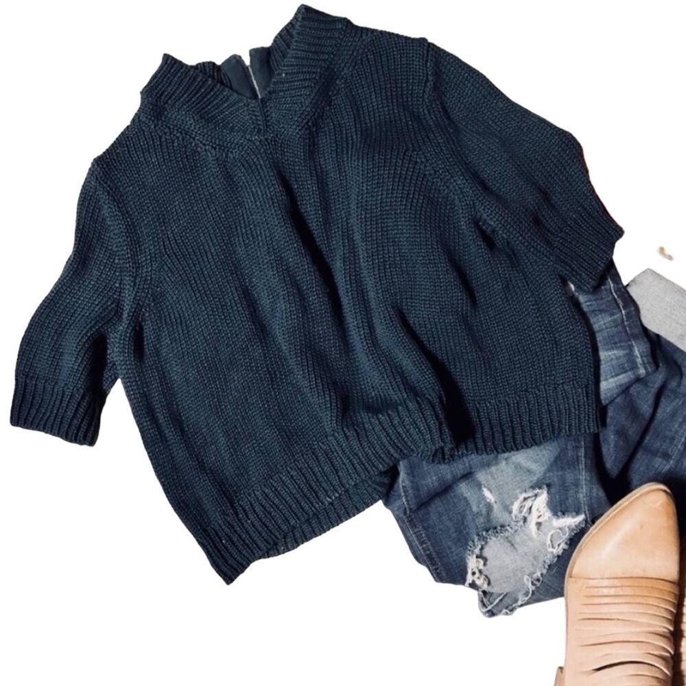 THEORY Manav Turquoise Teal Crop Cropped Woven Knit Pullover Zipper Sweater S - Picture 3 of 8